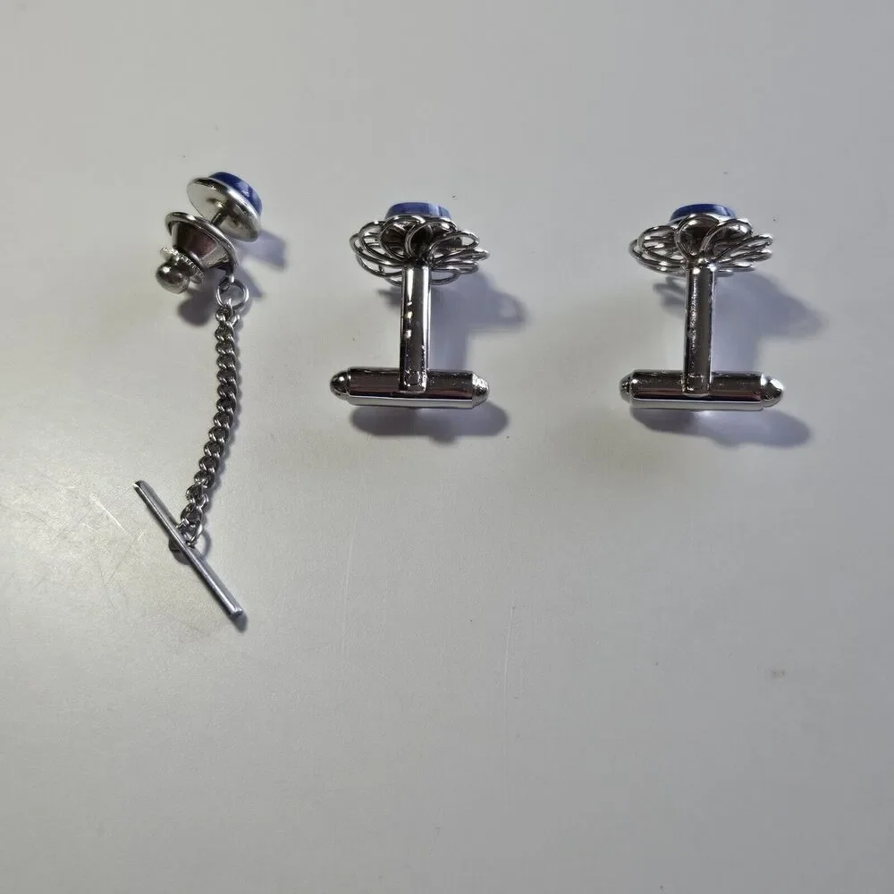 Vintage Dante Silver Tone Blue Semiprecious Cufflinks And Tie Pin Set